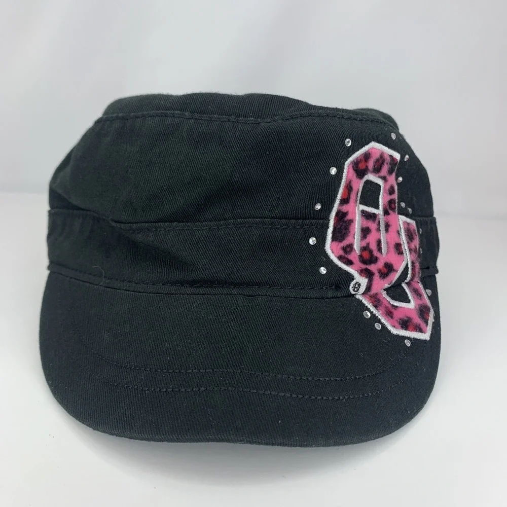 OU Oklahoma Sooners Hat Womens Cadet Cap Black Pink Cheetah Trim & Fake Crystals